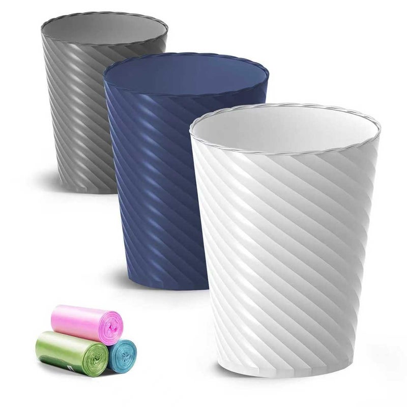 Lysam Bathroom Trash Can, 3 Pack 1.8 Gallons Small Trash Can with Trash Bags, Bathroom Garbage Can, Plastic Trash Bin, Round Waste Basket for Bedroom, Office, Room (White Blue Grey) - Image 1